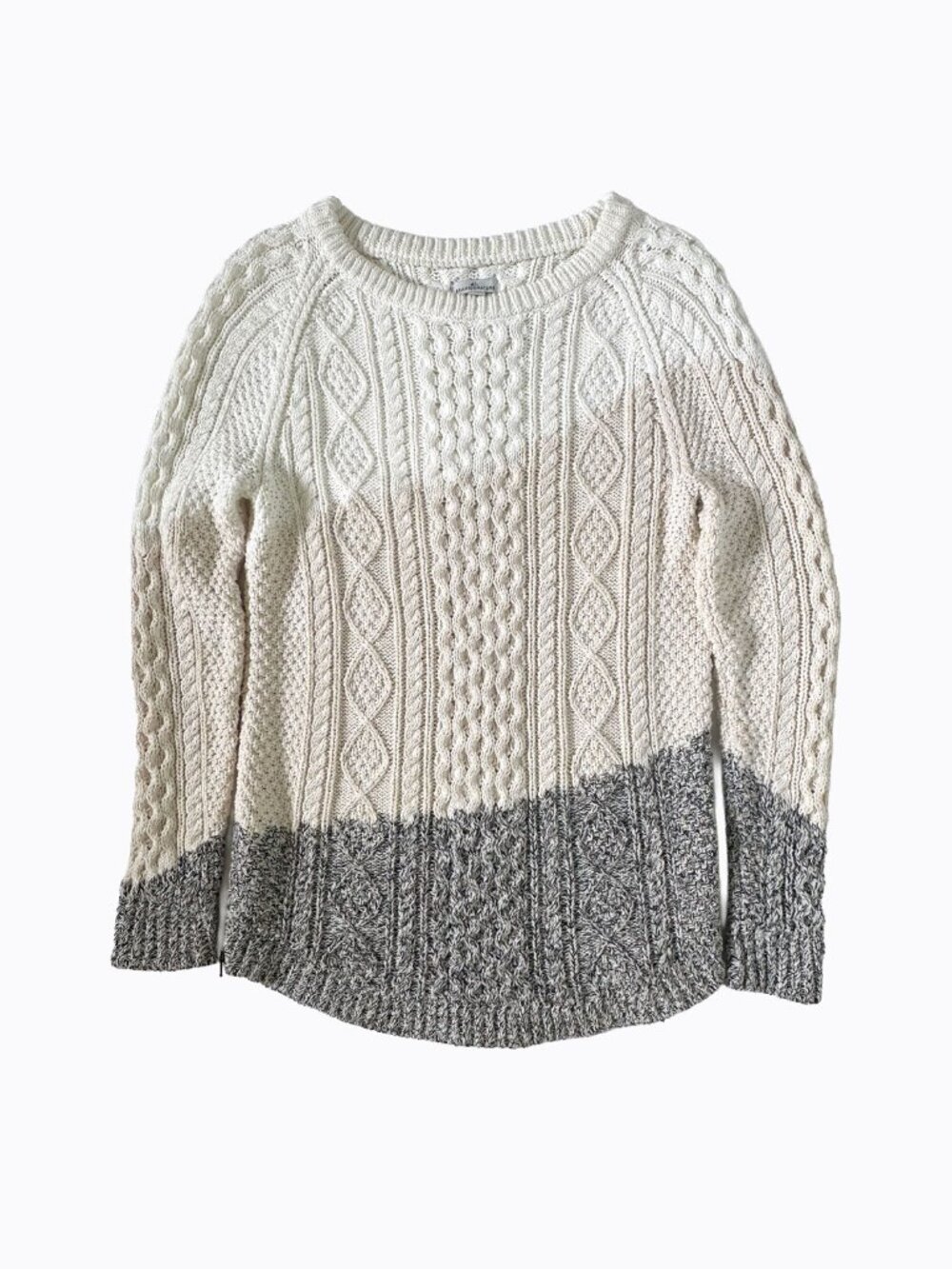 LL Bean Cable Knit Fisherman Sweater S Cream Gray Aran Colorblock Zip Hem Tunic